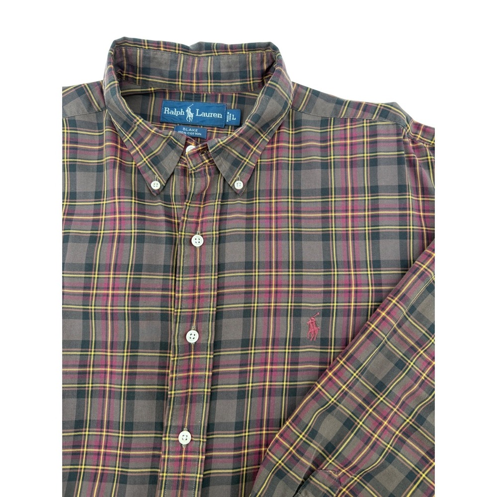 VTG Polo Ralph Lauren Blake Mens Large Brown Burgundy Plaid Button Down Shirt